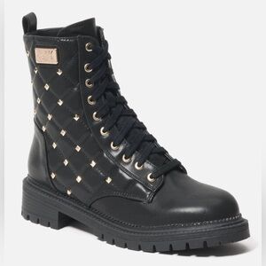 BEBE Dorienne black gold studded quilted lace-up side zip-up combat boots 10